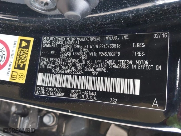 2016 Toyota Highlander LE with VIN 5TDBKRFH9GS259324, listed as a IAAI auction lot 39138226 with 158,794 mi miles. Bid and sale history available at carsss.com. Image 9.