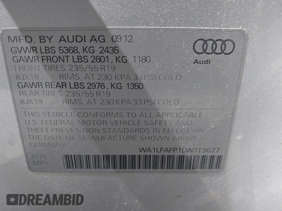 2013 Audi Q5 Premium Plus with VIN WA1LFAFP1DA013677, listed as a IAAI auction lot 41906301 with 86,918 mi miles and . Bid and sale history available at DreamBid. Image 9.