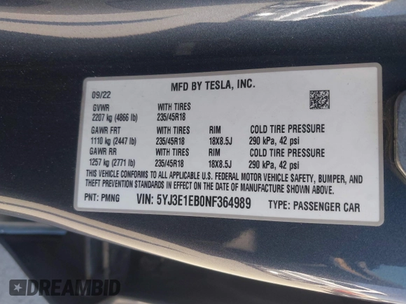 2022 Tesla Model 3 Long Range z VIN 5YJ3E1EB0NF364989, wystawiony jako IAAI lot #42085572 z przebiegiem 39 000 mil mil oraz . Historia ofert i sprzedaży dostępna na DreamBid. Obrazek 9.