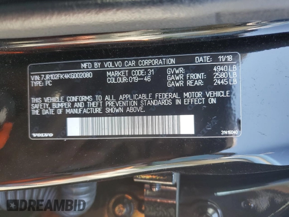 2019 Volvo S60 Momentum with VIN 7JR102FK4KG002080, listed as a Copart auction lot 52478934 with 54,852 mi miles. Bid and sale history available at carsss.com. Image 12.