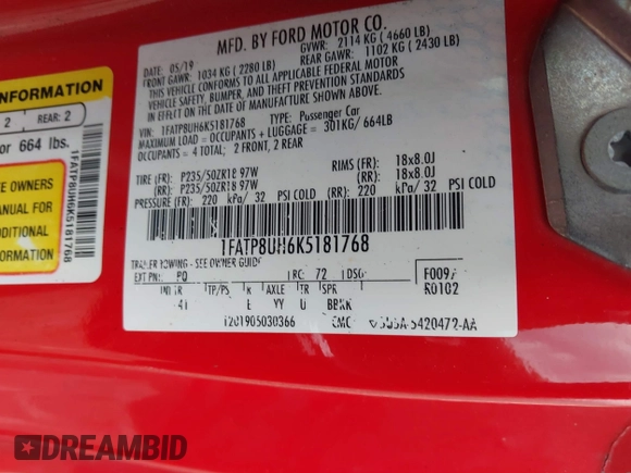 2019 Ford Mustang EcoBoost with VIN 1FATP8UH6K5181768, listed as a IAAI auction lot 42450445 with 77,159 mi miles and . Bid and sale history available at DreamBid. Image 9.