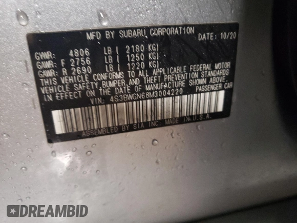 2021 Subaru Legacy Limited XT with VIN 4S3BWGN68M3004220, listed as a Copart auction lot 87607195 with 62,405 mi miles and Salvage title. Bid and sale history available at DreamBid. Image 12.