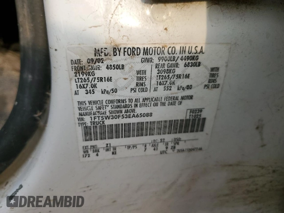 2003 Ford F-350 XL with VIN 1FTSW30F53EA65088, listed as a Copart auction lot 52454525 with 134,241 mi miles and Salvage Title. Bid and sale history available at DreamBid. Image 12.