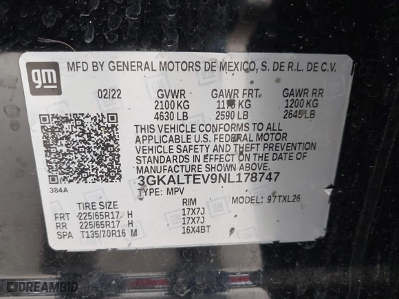 2022 GMC Terrain SLE with VIN 3GKALTEV9NL178747, listed as a IAAI auction lot 41946354 with 112,515 mi miles. Bid and sale history available at carsss.com. Image 9.