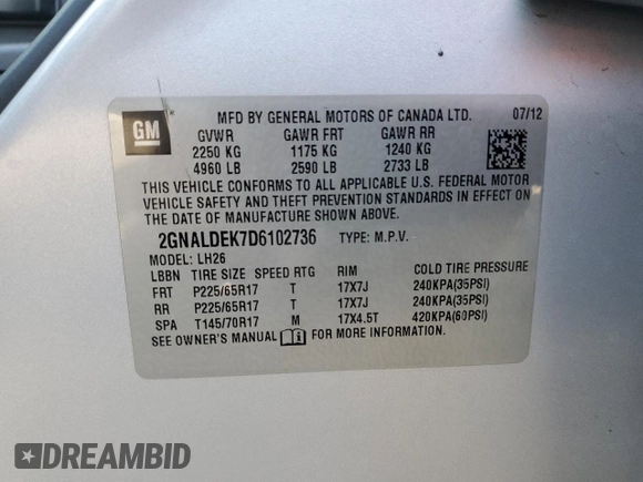 2013 Chevrolet Equinox LT with VIN 2GNALDEK7D6102736, listed as a Copart auction lot 55764645 with 142,128 mi miles and Clean Title. Bid and sale history available at DreamBid. Image 12.