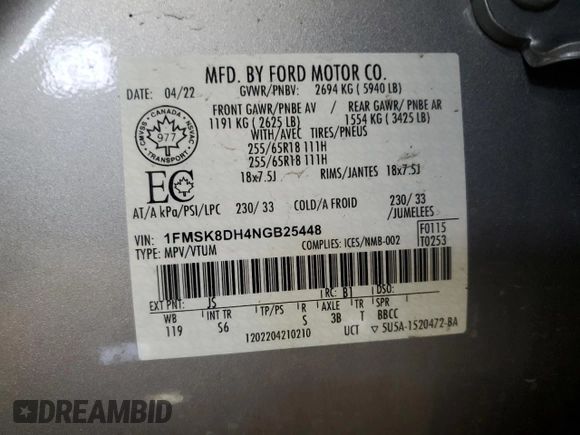 2022 Ford Explorer XLT with VIN 1FMSK8DH4NGB25448, listed as a Copart auction lot 53880595 with 61,705 mi miles and Salvage Title. Bid and sale history available at DreamBid. Image 13.