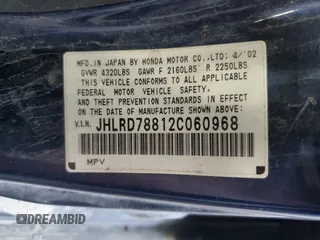 2002 Honda CR-V EX with VIN JHLRD78812C060968, listed as a Copart auction lot 57203365 with 170,202 mi miles and Salvage title. Bid and sale history available at DreamBid. Image 13.