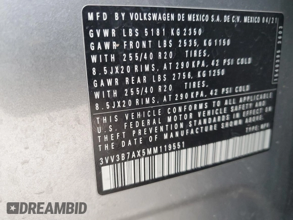 2021 Volkswagen Tiguan SE z VIN 3VV3B7AX5MM119551, wystawiony jako Copart lot #52694855 z przebiegiem 59 922 mil mil oraz Szkoda całkowita • Salvage title. Historia ofert i sprzedaży dostępna na DreamBid. Obrazek 15.