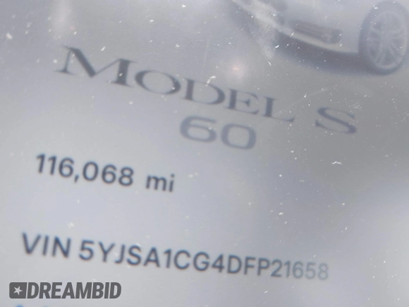 2013 Tesla Model S with VIN 5YJSA1CG4DFP21658, listed as a IAAI auction lot 42398609 with 116,068 mi miles and . Bid and sale history available at DreamBid. Image 7.