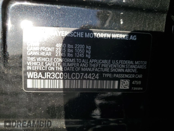 2020 BMW 5 Series 530i with VIN WBAJR3C09LCD74424, listed as a Copart auction lot 47657575 with Not provided miles and Salvage title. Bid and sale history available at DreamBid. Image 12.