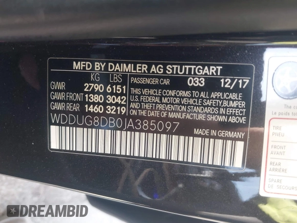 2018 Mercedes-Benz S 560 with VIN WDDUG8DB0JA385097, listed as a IAAI auction lot 41384874 with 76,423 mi miles and . Bid and sale history available at carsss.com. Image 9.