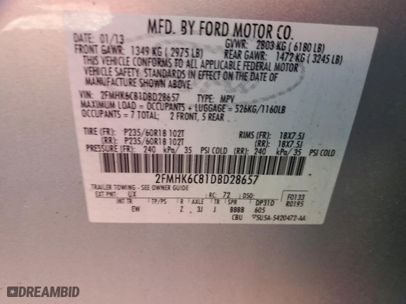 2013 Ford Flex SEL with VIN 2FMHK6C81DBD28657, listed as a Copart auction lot 45397035 with 222,083 mi miles and Salvage Title. Bid and sale history available at carsss.com. Image 12.
