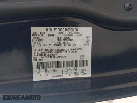 2006 Ford Explorer Eddie Bauer with VIN 1FMEU74E76UA86123, listed as a IAAI auction lot 42679415 with 156,959 mi miles and . Bid and sale history available at DreamBid. Image 9.