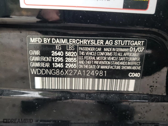 2007 Mercedes-Benz S-Class 5.5L V8 with VIN WDDNG86X27A124981, listed as a Copart auction lot 47362595 with 177,247 mi miles and Clean Title. Bid and sale history available at carsss.com. Image 12.