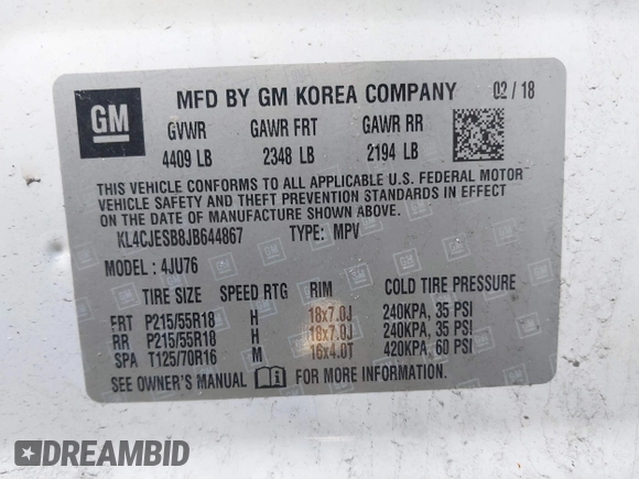 2018 Buick Encore Preferred with VIN KL4CJESB8JB644867, listed as a IAAI auction lot 41743106 with 109,821 mi miles. Bid and sale history available at carsss.com. Image 9.