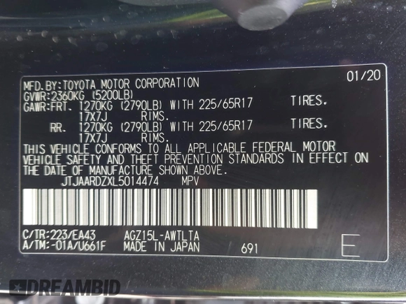 2020 Lexus NX 300 with VIN JTJAARDZXL5014474, listed as a IAAI auction lot 41678545 with 47,832 mi miles and . Bid and sale history available at DreamBid. Image 9.