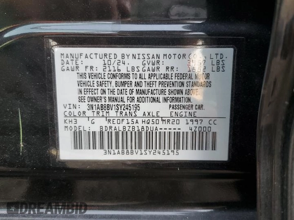 2025 Nissan Sentra S with VIN 3N1AB8BV1SY245195, listed as a Copart auction lot 51382265 with 5,397 mi miles and Salvage Title. Bid and sale history available at DreamBid. Image 14.