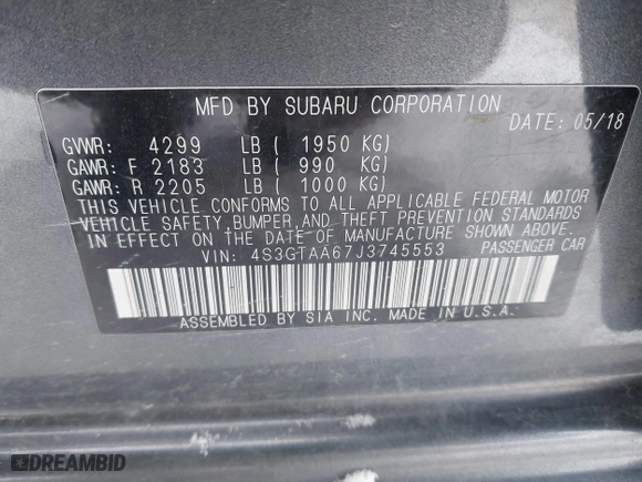 2018 Subaru Impreza with VIN 4S3GTAA67J3745553, listed as a IAAI auction lot 41296165 with 79,211 mi miles. Bid and sale history available at carsss.com. Image 9.