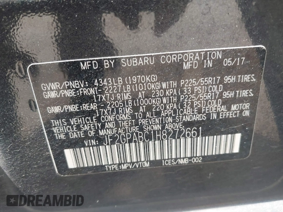 2017 Subaru Crosstrek Premium z VIN JF2GPABC1H8272661, wystawiony jako IAAI lot #42168085 z przebiegiem 82 386 mil mil oraz . Historia ofert i sprzedaży dostępna na DreamBid. Obrazek 9.