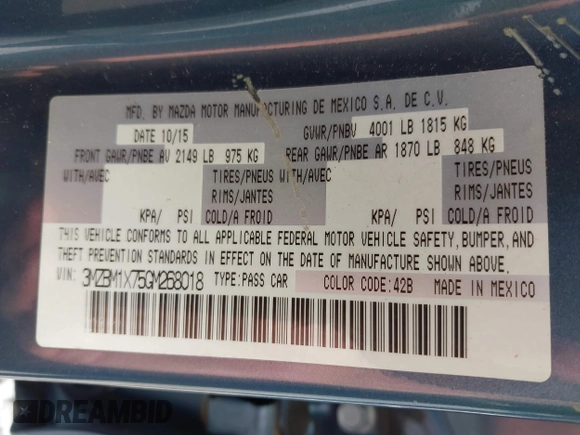 2016 Mazda 3 i Grand Touring with VIN 3MZBM1X75GM268018, listed as a IAAI auction lot 42668635 with 114,782 mi miles and . Bid and sale history available at DreamBid. Image 9.