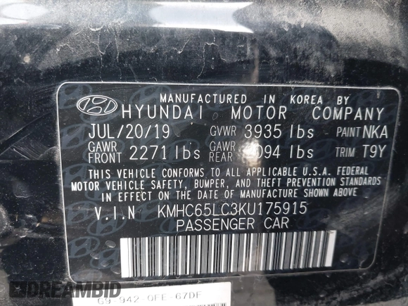 2019 Hyundai Ioniq Blue with VIN KMHC65LC3KU175915, listed as a IAAI auction lot 41778594 with 109,977 mi miles and . Bid and sale history available at DreamBid. Image 9.
