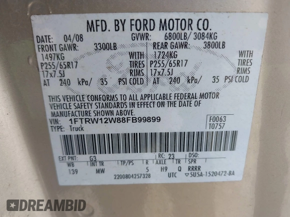 2008 Ford F-150 XL with VIN 1FTRW12W88FB99899, listed as a IAAI auction lot 41004350 with 181,699 mi miles. Bid and sale history available at carsss.com. Image 9.