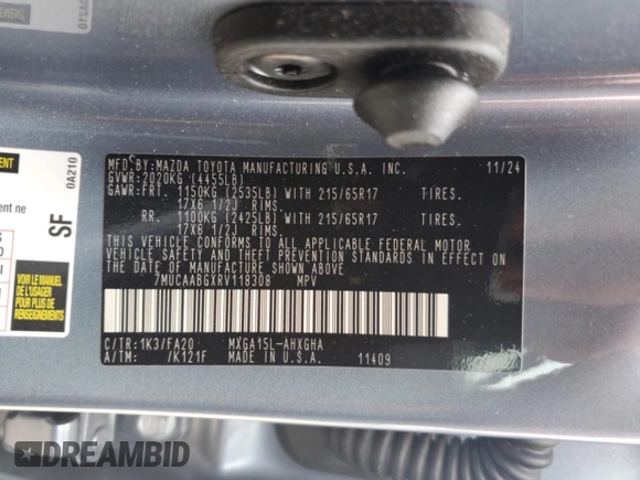2024 Toyota Corolla Cross LE with VIN 7MUCAABGXRV118308, listed as a Copart auction lot 59959645 with 11,972 mi miles and Non repairable. Bid and sale history available at DreamBid. Image 12.