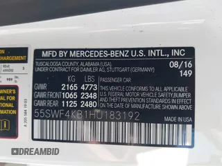 2017 Mercedes-Benz C 300 with VIN 55SWF4KB1HU183192, listed as a IAAI auction lot 42562516 with 29,356 mi miles and . Bid and sale history available at DreamBid. Image 9.