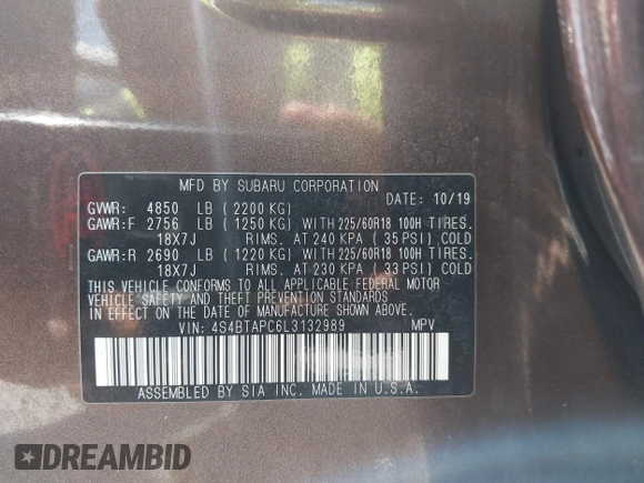 2020 Subaru Outback Touring with VIN 4S4BTAPC6L3132989, listed as a IAAI auction lot 42449036 with 34,956 mi miles and . Bid and sale history available at DreamBid. Image 9.