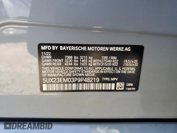 2023 BMW X7 xDrive40i with VIN 5UX23EM03P9P48219, listed as a Copart auction lot 42714055 with 48,911 mi miles and Salvage Title. Bid and sale history available at carsss.com. Image 13.