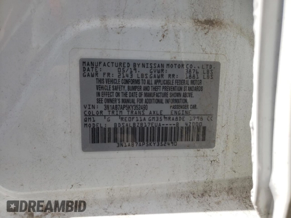 2019 Nissan Sentra S with VIN 3N1AB7AP5KY352490, listed as a Copart auction lot 62473805 with 170,442 mi miles and Clean title. Bid and sale history available at DreamBid. Image 12.
