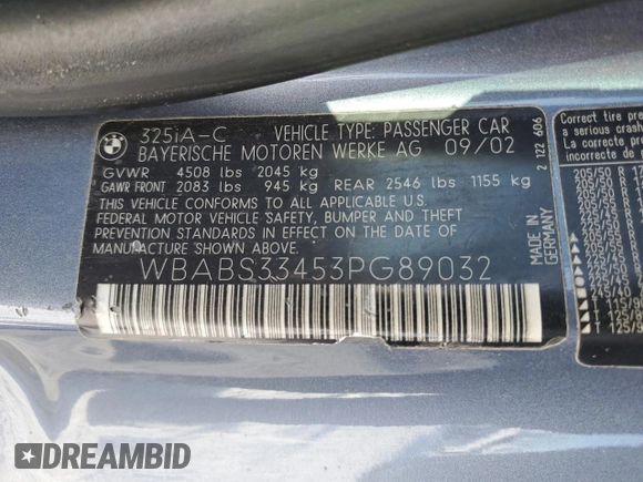 2003 BMW 3 Series 325Ci with VIN WBABS33453PG89032, listed as a Copart auction lot 87590865 with 118,107 mi miles and Salvage Title. Bid and sale history available at carsss.com. Image 12.