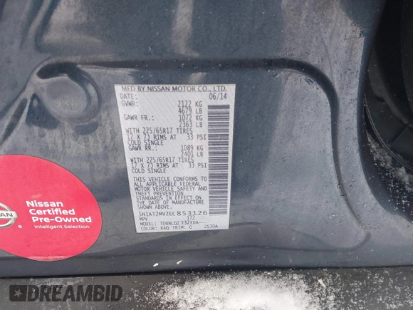 2014 Nissan Rogue S with VIN 5N1AT2MV2EC853126, listed as a IAAI auction lot 41612903 with 118,311 mi miles. Bid and sale history available at carsss.com. Image 9.