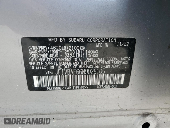 2022 Subaru WRX Premium z VIN JF1VBAF66N9028105, wystawiony jako Copart lot #60157765 z przebiegiem 18 713 mil mil oraz Szkoda całkowita • Salvage title. Historia ofert i sprzedaży dostępna na DreamBid. Obrazek 12.