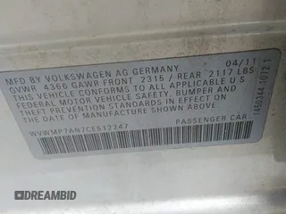 2012 Volkswagen CC Sport PZEV with VIN WVWMP7AN7CE512247, listed as a IAAI auction lot 42096364 with 142,654 mi miles. Bid and sale history available at carsss.com. Image 9.
