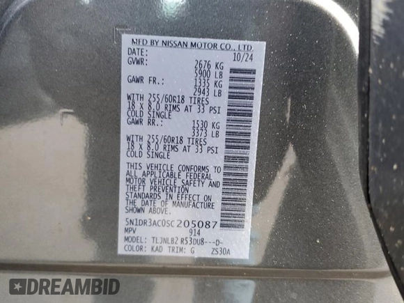 2025 Nissan Pathfinder S with VIN 5N1DR3AC0SC205087, listed as a Copart auction lot 57028965 with 1,052 mi miles and Salvage title. Bid and sale history available at DreamBid. Image 14.