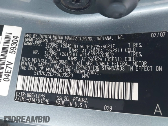 2007 Toyota Sienna XLE z VIN 5TDZK22C77S093580, wystawiony jako IAAI lot #42258590 z przebiegiem 191 274 mil mil oraz . Historia ofert i sprzedaży dostępna na DreamBid. Obrazek 9.