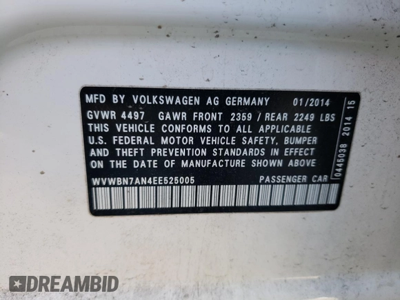 2014 Volkswagen CC Sport with VIN WVWBN7AN4EE525005, listed as a Copart auction lot 41372125 with 104,646 mi miles and Salvage Title. Bid and sale history available at carsss.com. Image 13.