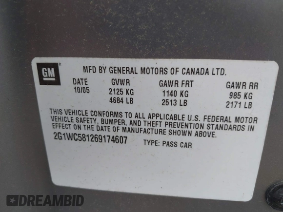 2006 Chevrolet Impala LT 3.9L with VIN 2G1WC581269174607, listed as a IAAI auction lot 42246993 with 133,023 mi miles and . Bid and sale history available at DreamBid. Image 9.