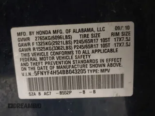 2011 Honda Pilot EX-L with VIN 5FNYF4H54BB043205, listed as a IAAI auction lot 41879077 with 240,108 mi miles. Bid and sale history available at carsss.com. Image 9.