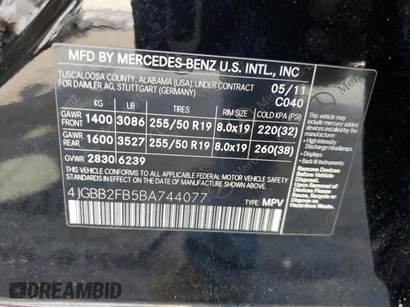 2011 Mercedes-Benz M 350 with VIN 4JGBB2FB5BA744077, listed as a Copart auction lot 61565615 with 125,813 mi miles and Salvage title. Bid and sale history available at DreamBid. Image 14.