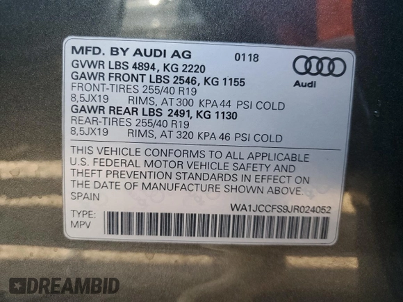 2018 Audi Q3 Premium Plus with VIN WA1JCCFS9JR024052, listed as a Copart auction lot 60452962 with 22,841 mi miles. Bid and sale history available at carsss.com. Image 10.