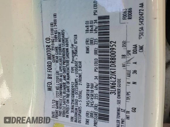 2013 Lincoln MKZ with VIN 3LN6L2JK1DR800952, listed as a Copart auction lot 48518525 with 201,830 mi miles and Salvage Title. Bid and sale history available at DreamBid. Image 12.