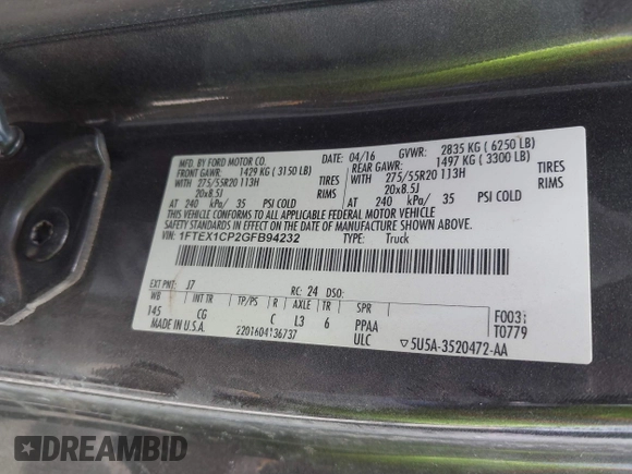 2016 Ford F-150 XL with VIN 1FTEX1CP2GFB94232, listed as a IAAI auction lot 42336873 with 107,594 mi miles and . Bid and sale history available at DreamBid. Image 9.