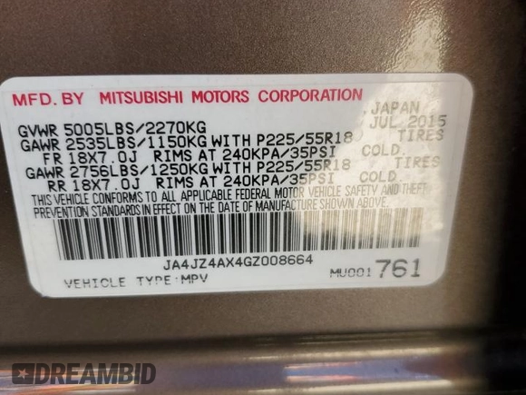 2016 Mitsubishi Outlander GT z VIN JA4JZ4AX4GZ008664, wystawiony jako Copart lot #48764485 z przebiegiem 162 068 mil mil oraz Szkoda całkowita • Salvage title. Historia ofert i sprzedaży dostępna na DreamBid. Obrazek 12.