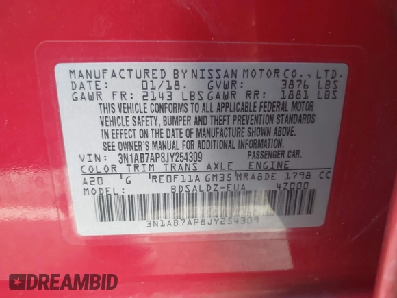 2018 Nissan Sentra SR with VIN 3N1AB7AP8JY254309, listed as a IAAI auction lot 42000660 with 105,297 mi miles and . Bid and sale history available at DreamBid. Image 9.
