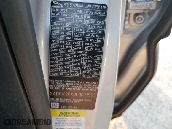 2020 Jaguar E-Pace with VIN SADFK2FX0L1011555, listed as a Copart auction lot 81341144 with 56,433 mi miles and Salvage Title. Bid and sale history available at DreamBid. Image 13.