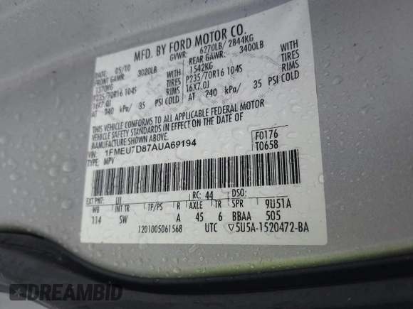 2010 Ford Explorer z VIN 1FMEU7D87AUA69194, wystawiony jako IAAI lot #42521246 z przebiegiem 161 667 mil mil oraz . Historia ofert i sprzedaży dostępna na DreamBid. Obrazek 9.