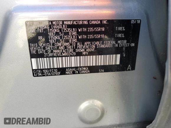 2018 Toyota RAV4 XLE with VIN 2T3RFREV0JW802429, listed as a Copart auction lot 49906515 with 53,544 mi miles and Salvage Title. Bid and sale history available at DreamBid. Image 13.