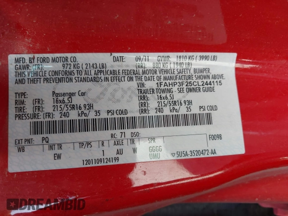 2012 Ford Focus SE with VIN 1FAHP3F25CL244115, listed as a IAAI auction lot 42063181 with 140,989 mi miles and . Bid and sale history available at carsss.com. Image 9.